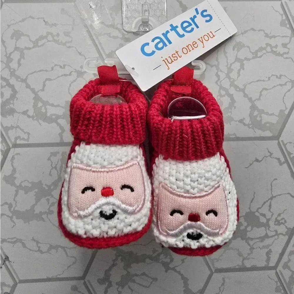 Carter's Newborn Baby Santa Face Red Christmas Knitted Cable Bootie Slippers